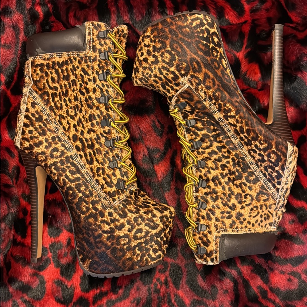 🐆🤎 ZiGi Girl Soho Leopard Calf Hair Lace Up Extreme Platform Heel Boot🤎🐆